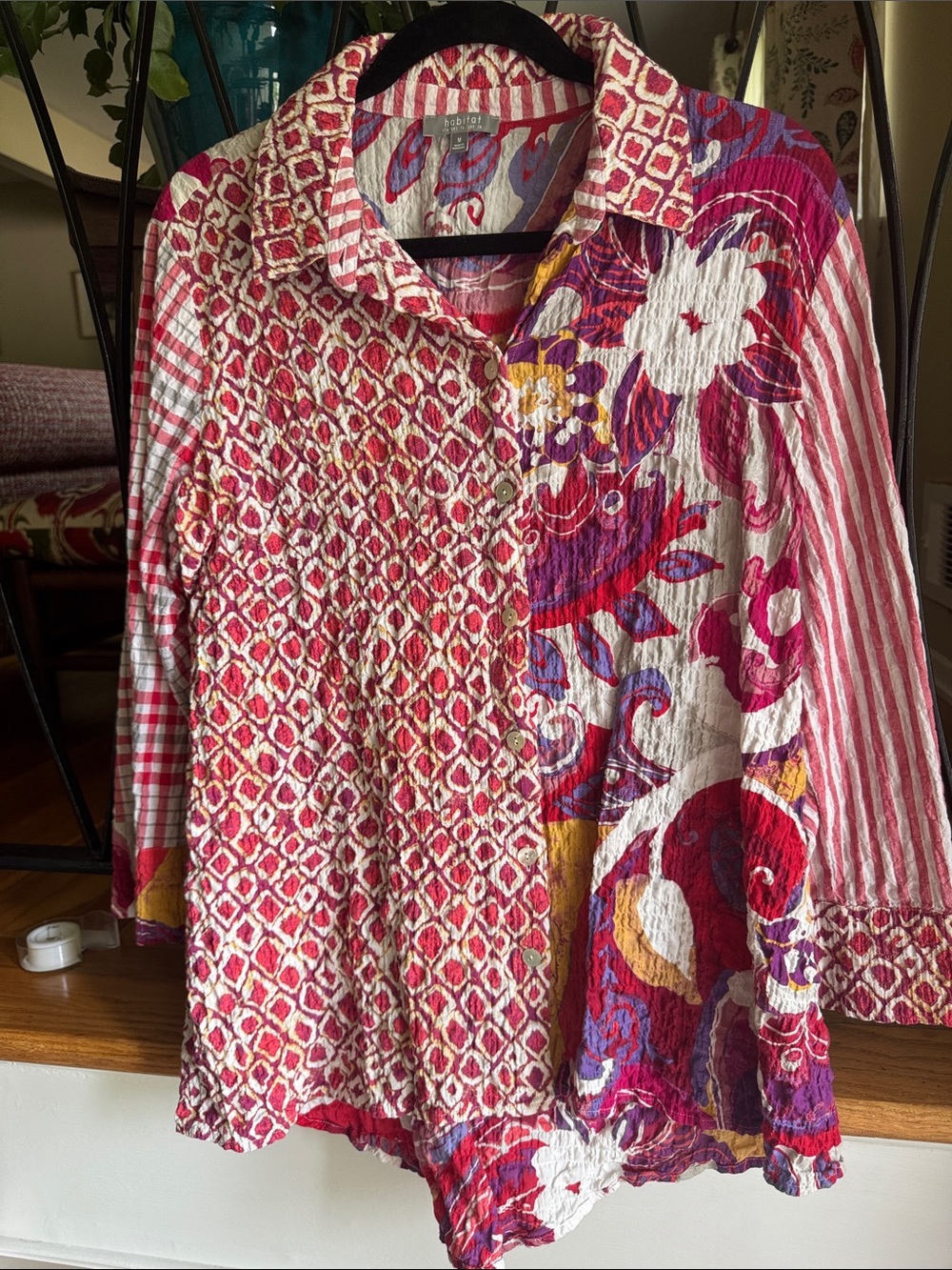 Medium Habitat FunMulticolor Red Pink Floral Patchwork Crinkle Button-Down Shirt
